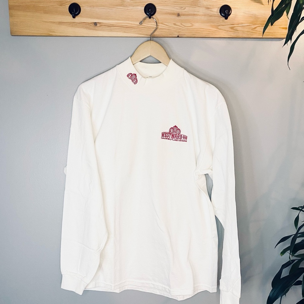 Vintage 100% Cotton Thick Long Sleeve T-shirt Embroidered Mock Neck Oversized